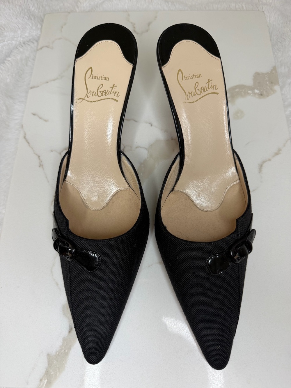 Christian Louboutin Black Pointed Slingback Mules with Buckle Detail